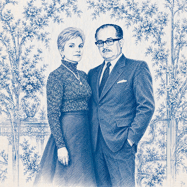 Ilustración en tinta azul de la familia Vázquez