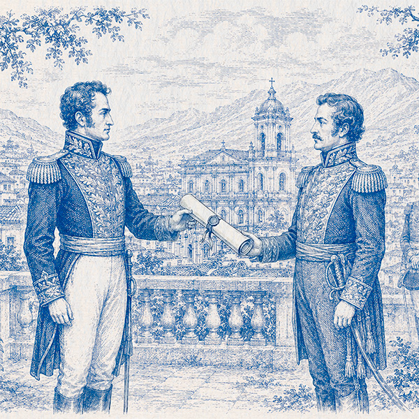 Ilustración en tinta azul: Simón Bolívar entrega un pergamino a un general, con Cuenca al fondo