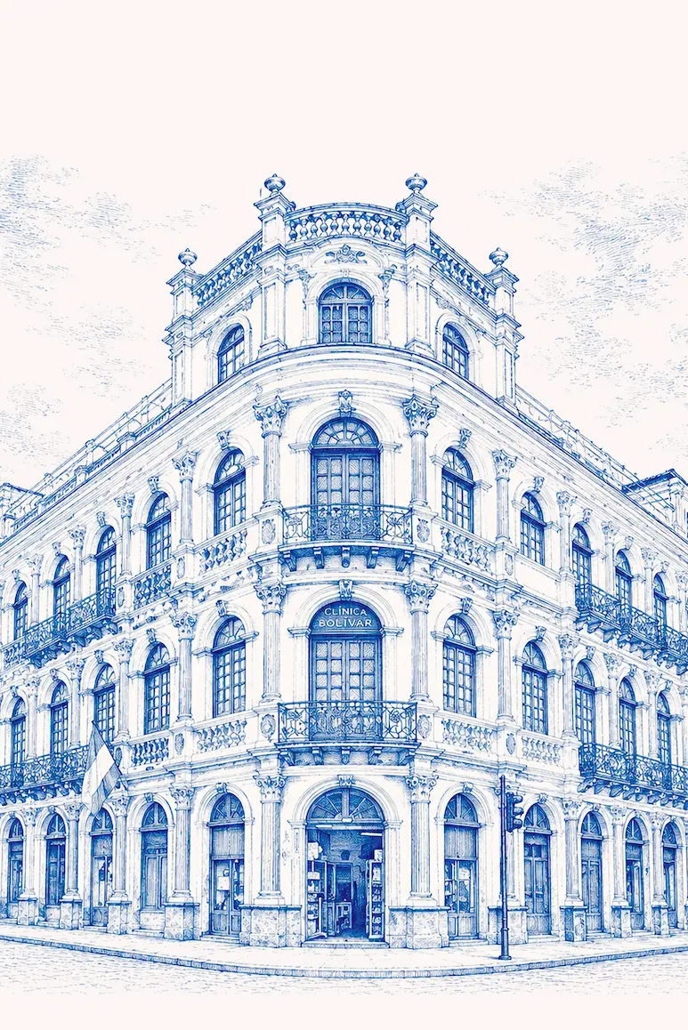 clinica bolivar Ilustración en tinta azul del edificio del Parc Royal en la esquina de Luis Cordero y Gran Colombia, Cuenca